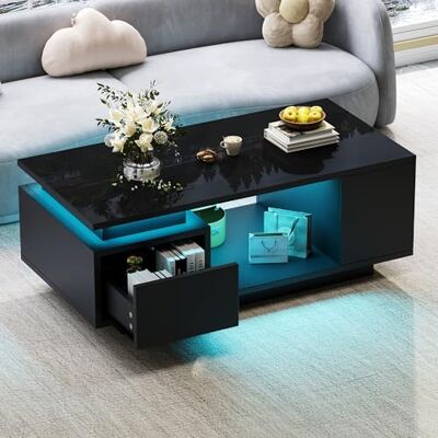 Merax Couchtisch in Hochglanz Schwarz, Modern Wohnzimmertisch mit LED-Beistelltisch, Sofatisch Kaffeetisch mit Schubladen, seitlichen Ablagefächern, Rechteckiger Teetisch Mitteltisch für Büro, Empfang Merax Couchtisch in Hochglanz Schwarz, Modern Wohnzimmertisch mit LED-Beistelltisch, Sofatisch Kaffeetisch mit Schubladen, seitlichen Ablagefächern, Rechteckiger Teetisch Mitteltisch für Büro, Empfang
