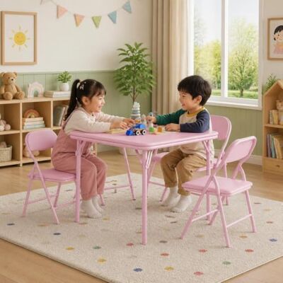 Thaookte Faltbares Kinder Tisch- und Stuhlset, quadratisch – 1 Tisch + 4 Klappstühle, PU-Leder Oberfläche, gepolsterte Sitzkissen, leicht für Essen/Basteln/Lernen – Rosa, 1+4 Thaookte Faltbares Kinder Tisch- und Stuhlset, quadratisch – 1 Tisch + 4 Klappstühle, PU-Leder Oberfläche, gepolsterte Sitzkissen, leicht für Essen/Basteln/Lernen – Rosa, 1+4