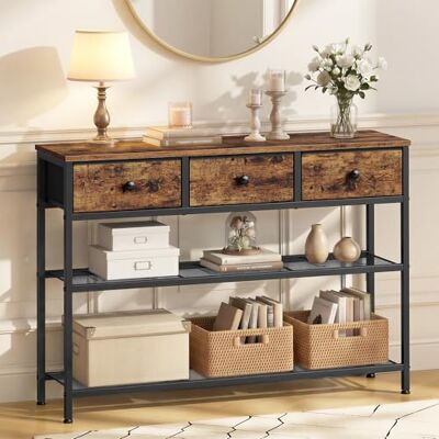 SONGMICS BELLAH Kollektion Konsolentisch, Sofatisch schmal, Beistelltisch mit 2 Gitterablagen, Wohnzimmer, Eingangsbereich, Flur, 30 x 98,8 x 78,7 cm, 3 Stoffschubladen, vintagebraun LGS098K101 SONGMICS BELLAH Kollektion Konsolentisch, Sofatisch schmal, Beistelltisch mit 2 Gitterablagen, Wohnzimmer, Eingangsbereich, Flur, 30 x 98,8 x 78,7 cm, 3 Stoffschubladen, vintagebraun LGS098K101