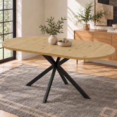 Merax Ausziehbarer Esstisch 120/160x80 cm, Holzfarbe, für 4-6 Personen, ovale Tischplatte, Metallbeine, minimalistischer Stil, Einlegeplatte im Tisch verstaubar Merax Ausziehbarer Esstisch 120/160x80 cm, Holzfarbe, für 4-6 Personen, ovale Tischplatte, Metallbeine, minimalistischer Stil, Einlegeplatte im Tisch verstaubar