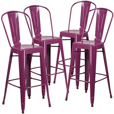 Flash Furniture Handelsübliche Qualität, 4 Stück, 76,2 cm hoch, Metall, für drinnen und draußen, Barhocker mit Rückenlehne, Lila, 4 Stück Flash Furniture Handelsübliche Qualität, 4 Stück, 76,2 cm hoch, Metall, für drinnen und draußen, Barhocker mit Rückenlehne, Lila, 4 Stück