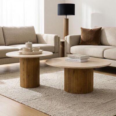 IDIMEX Couchtischset NARMADA/Mandi mit Tischplatte aus Travertin, Braun/Beige Runder Beistelltisch im 2er Set, rundes Holzgestell aus Mangoholz, Wohnzimmertisch, Coffee Table IDIMEX Couchtischset NARMADA/Mandi mit Tischplatte aus Travertin, Braun/Beige Runder Beistelltisch im 2er Set, rundes Holzgestell aus Mangoholz, Wohnzimmertisch, Coffee Table