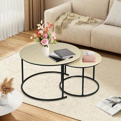 LANTUS Couchtisch Rund, 2-teilig, Luxus Couchtisch Set, Ø70/50cm, Tisch, Coffee Table, Wohnzimmertisch, 2er Set, 70 x 70 x 45 cm (Naturholz + Schwarze Beine) LANTUS Couchtisch Rund, 2-teilig, Luxus Couchtisch Set, Ø70/50cm, Tisch, Coffee Table, Wohnzimmertisch, 2er Set, 70 x 70 x 45 cm (Naturholz + Schwarze Beine)