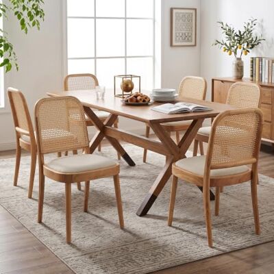 Merax Esszimmerstühle 6er-Set aus Massivholz mit Rattan-Rückenlehne & Leinenbezug, gepolsterte Stühle mit 25D Schaum, atmungsaktiv & stabil, moderne Holzstühle für Esszimmer Wohnzimmer Café, Holzfarbe Merax Esszimmerstühle 6er-Set aus Massivholz mit Rattan-Rückenlehne & Leinenbezug, gepolsterte Stühle mit 25D Schaum, atmungsaktiv & stabil, moderne Holzstühle für Esszimmer Wohnzimmer Café, Holzfarbe