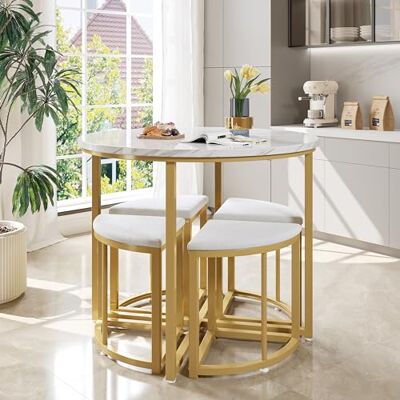 Merax Essgruppe mit runden Esstisch und 4 Hockers, modernes Marmor-Muster Tischplatte, kuschelige Samt Stühle, platzsparendes Design für Esszimmer, Küche, Wohnzimmer, Weiß Merax Essgruppe mit runden Esstisch und 4 Hockers, modernes Marmor-Muster Tischplatte, kuschelige Samt Stühle, platzsparendes Design für Esszimmer, Küche, Wohnzimmer, Weiß