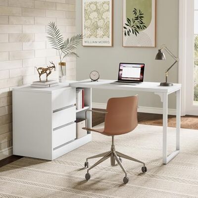 Tribesigns Schreibtisch, L-förmiger Computertisch mit Schubladen und Regalen, wendbarer weißer Eckschreibtisch mit Aufbewahrungsschrank, moderner Arbeitstisch für Homeoffice, Schlafzimmer Tribesigns Schreibtisch, L-förmiger Computertisch mit Schubladen und Regalen, wendbarer weißer Eckschreibtisch mit Aufbewahrungsschrank, moderner Arbeitstisch für Homeoffice, Schlafzimmer