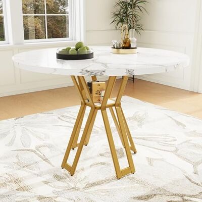 Merax Runder Esstisch Klein Tisch 100cm, Moderner Küchentisch Esszimmertisch für 4-6 Personen, MDF-Tischplatte mit Marmormuster, Stabiles, einzigartiges Metallgestell, für Wohnzimmer, Esszimmer, Gold Merax Runder Esstisch Klein Tisch 100cm, Moderner Küchentisch Esszimmertisch für 4-6 Personen, MDF-Tischplatte mit Marmormuster, Stabiles, einzigartiges Metallgestell, für Wohnzimmer, Esszimmer, Gold