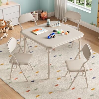 Thaookte Faltbares Kinder Tisch- und Stuhlset, quadratisch – 1 Tisch + 4 Klappstühle, PU-Leder Oberfläche, gepolsterte Sitzkissen, leicht für Essen/Basteln/Lernen – Beige, 1+4 Thaookte Faltbares Kinder Tisch- und Stuhlset, quadratisch – 1 Tisch + 4 Klappstühle, PU-Leder Oberfläche, gepolsterte Sitzkissen, leicht für Essen/Basteln/Lernen – Beige, 1+4