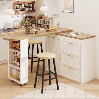 Merax Ausziehbarer Bartisch, 360° Drehbarer Stehtisch Kücheninsel mit Verstellbare Tischplatte, Bar Table mit 3 Schubladen, Türen, Verstellbare Regale, für Küche Wohnzimmer Esszimmer, Weiß & Holzfarbe Merax Ausziehbarer Bartisch, 360° Drehbarer Stehtisch Kücheninsel mit Verstellbare Tischplatte, Bar Table mit 3 Schubladen, Türen, Verstellbare Regale, für Küche Wohnzimmer Esszimmer, Weiß & Holzfarbe