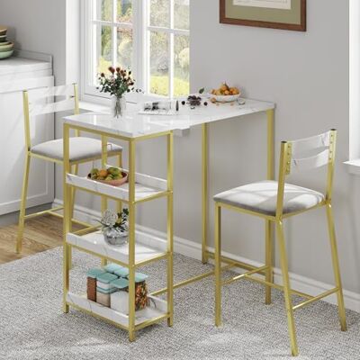 Garvee Bar Tisch Und Stühle Set, 3 Stück Bar Tisch Set Mit Mit Flip Top Erweiterung Und Aufbewahrung Regale, Esstisch Set Für 2, Geeignet Für Kleine Raum Küche Wohnung,Weißer Marmor Garvee Bar Tisch Und Stühle Set, 3 Stück Bar Tisch Set Mit Mit Flip Top Erweiterung Und Aufbewahrung Regale, Esstisch Set Für 2, Geeignet Für Kleine Raum Küche Wohnung,Weißer Marmor