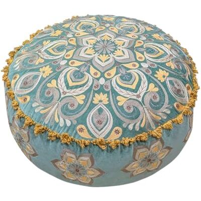 ART Dusty Teal Mandala Bodenkissen-Pouf-Bezug mit Stickerei und dekorativer Spitze – weicher Baumwoll-Samt Ottoman-Überzug im marokkanischen Design, 24 Zoll Durchmesser ART Dusty Teal Mandala Bodenkissen-Pouf-Bezug mit Stickerei und dekorativer Spitze – weicher Baumwoll-Samt Ottoman-Überzug im marokkanischen Design, 24 Zoll Durchmesser