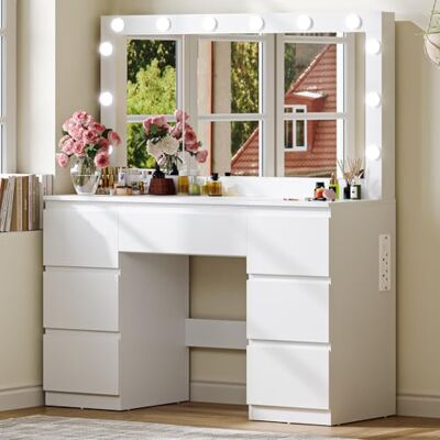 JUMMICO Schminktisch mit Spiegel und Beleuchtung, 3-Fach Licht, Steckdose & USB, Weißer Frisiertisch mit Schubladen für Mädchen & Erwachsene, Moderner Vanity Desk JUMMICO Schminktisch mit Spiegel und Beleuchtung, 3-Fach Licht, Steckdose & USB, Weißer Frisiertisch mit Schubladen für Mädchen & Erwachsene, Moderner Vanity Desk