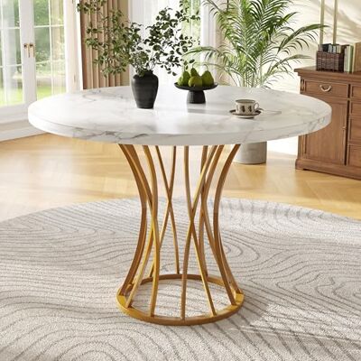 Merax Runder Esstisch Klein Tisch, Moderner Küchentisch Esszimmertisch für 4 Personen, MDF-Tischplatte mit Marmormuster, Stabiles, goldfarbenes Metallfuß, für Küche, Wohnzimmer, Esszimmer, 80x80x76cm Merax Runder Esstisch Klein Tisch, Moderner Küchentisch Esszimmertisch für 4 Personen, MDF-Tischplatte mit Marmormuster, Stabiles, goldfarbenes Metallfuß, für Küche, Wohnzimmer, Esszimmer, 80x80x76cm