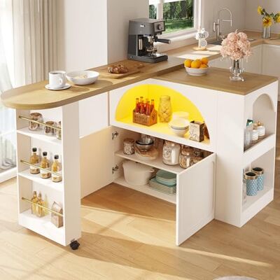 Merax Ausziehbarer Bartisch 135–205 cm,Beweglicher Bar Table mit LED & Rollen, Teleskopischer Hochtisch Kücheninsel Weiß, Bartheke mit Gewölbten Türen, Snack-Regal & Soft-Close Schrank Merax Ausziehbarer Bartisch 135–205 cm,Beweglicher Bar Table mit LED & Rollen, Teleskopischer Hochtisch Kücheninsel Weiß, Bartheke mit Gewölbten Türen, Snack-Regal & Soft-Close Schrank