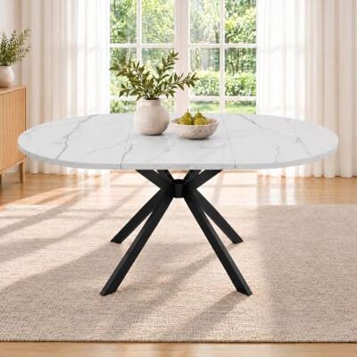 Merax Ausziehbarer Esstisch 100/140x100 cm, Weiß, für 4-6 Personen, rund zu oval, Metallbeine, minimalistischer Stil, Einlegeplatte im Tisch Merax Ausziehbarer Esstisch 100/140x100 cm, Weiß, für 4-6 Personen, rund zu oval, Metallbeine, minimalistischer Stil, Einlegeplatte im Tisch