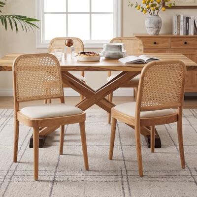 Merax Esszimmerstühle 4er-Set aus Massivholz mit Rattan-Rückenlehne & Leinenbezug, gepolsterte Stühle mit 25D Schaum, atmungsaktiv & stabil, moderne Holzstühle für Esszimmer Wohnzimmer Café, Holzfarbe Merax Esszimmerstühle 4er-Set aus Massivholz mit Rattan-Rückenlehne & Leinenbezug, gepolsterte Stühle mit 25D Schaum, atmungsaktiv & stabil, moderne Holzstühle für Esszimmer Wohnzimmer Café, Holzfarbe
