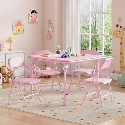 Furntrastar Faltbares Kinder Tisch und Stuhlset 1 Tisch + 4 Klappstühle PU-Leder Oberfläche Gepolsterte Sitzkissen Tisch 60 x 60 x 50 cm Stuhl 30 x 25 x 55 cm Furntrastar Faltbares Kinder Tisch und Stuhlset 1 Tisch + 4 Klappstühle PU-Leder Oberfläche Gepolsterte Sitzkissen Tisch 60 x 60 x 50 cm Stuhl 30 x 25 x 55 cm