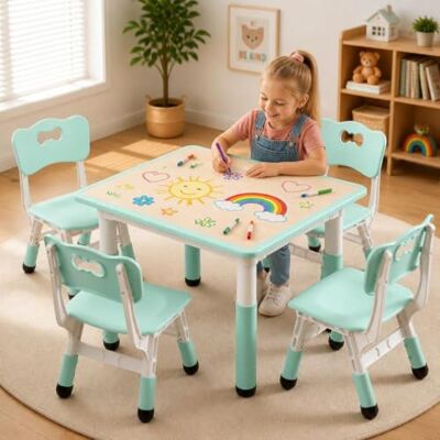 Furntrastar Höhenverstellbares Kinder Tisch- und Stuhlset (1 Tisch + 4 Stühle) Tisch höhenverstellbar von 48–60 cm (7 Stufen) Stühle höhenverstellbar von 27–31 cm (3 Stufen) Beschreibbare Graffiti-Tis Furntrastar Höhenverstellbares Kinder Tisch- und Stuhlset (1 Tisch + 4 Stühle) Tisch höhenverstellbar von 48–60 cm (7 Stufen) Stühle höhenverstellbar von 27–31 cm (3 Stufen) Beschreibbare Graffiti-Tis