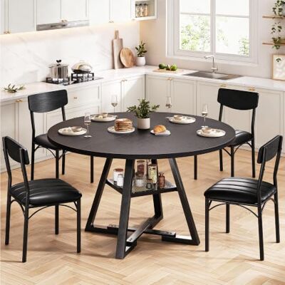 Jocoevol Runder Esstisch und 4 Esszimmerstühle Set, Essgruppe 5-Teilig, Esszimmertisch mit Ablage und 4 stühle für Küche, Wohnzimmer, Balkon, Restaurant, Büro (Schwarz, 107x107x76cm) Jocoevol Runder Esstisch und 4 Esszimmerstühle Set, Essgruppe 5-Teilig, Esszimmertisch mit Ablage und 4 stühle für Küche, Wohnzimmer, Balkon, Restaurant, Büro (Schwarz, 107x107x76cm)