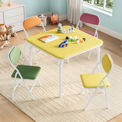 Furntrastar Faltbares Kinder Tisch und Stuhlset 1 Tisch + 4 Klappstühle PU-Leder Oberfläche Gepolsterte Sitzkissen Tisch 60 x 60 x 50 cm Stuhl 30 x 25 x 55 cm Furntrastar Faltbares Kinder Tisch und Stuhlset 1 Tisch + 4 Klappstühle PU-Leder Oberfläche Gepolsterte Sitzkissen Tisch 60 x 60 x 50 cm Stuhl 30 x 25 x 55 cm