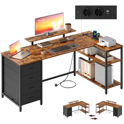 VASAGLE L-förmiger Eckschreibtisch mit Steckdosen, Computertisch, Gaming-Tisch, beidseitig montierbar, verstellbare Ablagen, 4 Schubladen, 2 USB-Anschlüsse, 160 x 80 cm, vintagebraun LWD173KD01 VASAGLE L-förmiger Eckschreibtisch mit Steckdosen, Computertisch, Gaming-Tisch, beidseitig montierbar, verstellbare Ablagen, 4 Schubladen, 2 USB-Anschlüsse, 160 x 80 cm, vintagebraun LWD173KD01