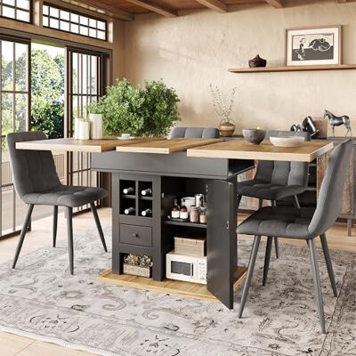 Merax Esstisch Ausziehbar 110-140×80cm, Moderner Esszimmertisch, Rechteckiger Tischplatte für 4-6 Personen, Klappbarer Küchentisch mit Weinregal und Schubladen, Holzfarbe+Schwarz Merax Esstisch Ausziehbar 110-140×80cm, Moderner Esszimmertisch, Rechteckiger Tischplatte für 4-6 Personen, Klappbarer Küchentisch mit Weinregal und Schubladen, Holzfarbe+Schwarz