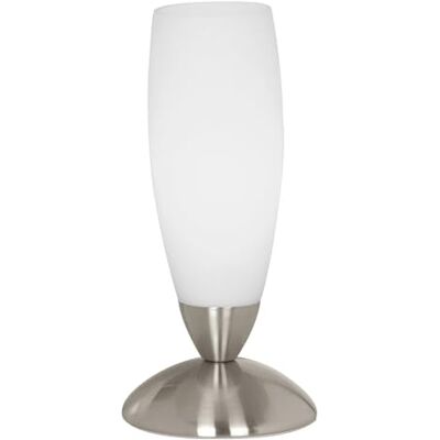 EGLO Tischlampe Slim, Tischleuchte, Nachttischlampe aus Metall und Glas Wohnzimmerlampe in Nickel-Matt, Weiß, Lampe mit Schalter, E14 Fassung EGLO Tischlampe Slim, Tischleuchte, Nachttischlampe aus Metall und Glas Wohnzimmerlampe in Nickel-Matt, Weiß, Lampe mit Schalter, E14 Fassung
