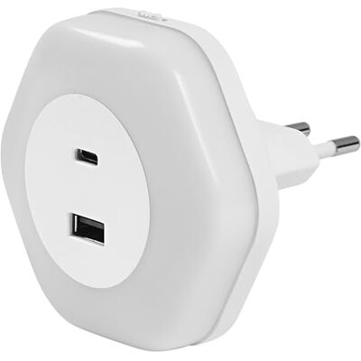 Osram LUNETTA HEXAGON Steckdosen-Nachtlicht, weiß, 5W, 5lm, warmweißes Licht, USB-A & USB-C Anschluss, LED-Technologie, Ladefunktionalität, lange Lebensdauer, Schutzklasse IP20, 3000K Osram LUNETTA HEXAGON Steckdosen-Nachtlicht, weiß, 5W, 5lm, warmweißes Licht, USB-A & USB-C Anschluss, LED-Technologie, Ladefunktionalität, lange Lebensdauer, Schutzklasse IP20, 3000K