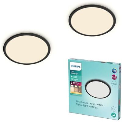 Philips LED Badezimmer Deckenleuchte Superslim (15 W), 3 Lichteinstellungen, warmweißes Licht, dimmen ohne Dimmer, IP44 Schutz, schwarz, 25cm, 2er Pack Philips LED Badezimmer Deckenleuchte Superslim (15 W), 3 Lichteinstellungen, warmweißes Licht, dimmen ohne Dimmer, IP44 Schutz, schwarz, 25cm, 2er Pack