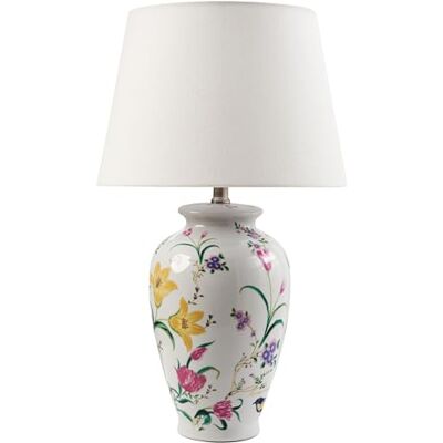 Beliani Stilvolle Tischlampe mit floralem Patten Porzellansockel Leinen-Trommelschirm Beleuchtung Weiß Acrosso Beliani Stilvolle Tischlampe mit floralem Patten Porzellansockel Leinen-Trommelschirm Beleuchtung Weiß Acrosso