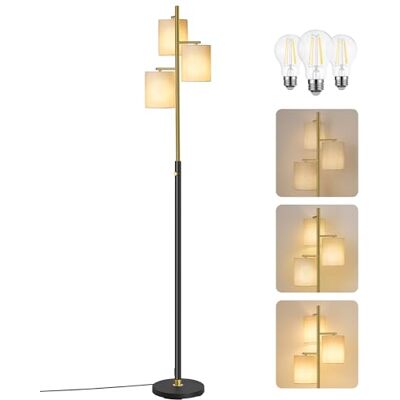 VASAGLE Stehlampe Dimmbar, Stehlampe Wohnzimmer, Standleuchte mit 3 Glühbirnen, modern Stehleuchte, Lampenschirm aus Stoff, 3 E27 Fassungen, für Kinderzimmer,Schlafzimmer, Büro gold-schwarz LFL003B02 VASAGLE Stehlampe Dimmbar, Stehlampe Wohnzimmer, Standleuchte mit 3 Glühbirnen, modern Stehleuchte, Lampenschirm aus Stoff, 3 E27 Fassungen, für Kinderzimmer,Schlafzimmer, Büro gold-schwarz LFL003B02