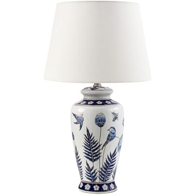 Beliani Stilvolle Tischlampe mit einem floralen Patten Porzellansockel Leinen Trommelschirm Beleuchtung Weiß und Blau Bijela Beliani Stilvolle Tischlampe mit einem floralen Patten Porzellansockel Leinen Trommelschirm Beleuchtung Weiß und Blau Bijela