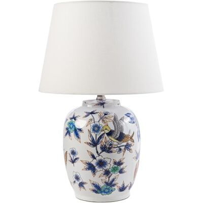 Beliani Stilvolle Tischlampe mit floralem Patten Porzellansockel Leinen-Trommelschirm Beleuchtung Weiß und Blau Sunja Beliani Stilvolle Tischlampe mit floralem Patten Porzellansockel Leinen-Trommelschirm Beleuchtung Weiß und Blau Sunja
