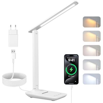 Carehabi Schreibtischlampe LED, Dimmbare Tischleuchte, LED Tischlampe mit 5 Farben und 5 Helligkeitsstufen, Leselampemit USB Ladeanschluss Touch Steuerung für Kinder, Lektüre, Büros (weiß-AC) Carehabi Schreibtischlampe LED, Dimmbare Tischleuchte, LED Tischlampe mit 5 Farben und 5 Helligkeitsstufen, Leselampemit USB Ladeanschluss Touch Steuerung für Kinder, Lektüre, Büros (weiß-AC)