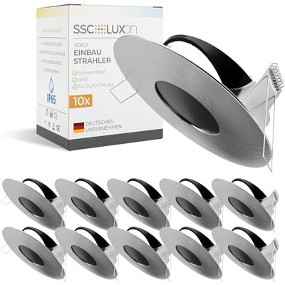 SSC-LUXon YOKU Einbaustrahler 10 Stück rund Alu IP65 Zehn schwenkbare Bad-Deckenspots rund silber gebürstet IP65 für Dusche, Terrasse & Keller, für GU10 oder Modul (ohne Lampe) SSC-LUXon YOKU Einbaustrahler 10 Stück rund Alu IP65 Zehn schwenkbare Bad-Deckenspots rund silber gebürstet IP65 für Dusche, Terrasse & Keller, für GU10 oder Modul (ohne Lampe)