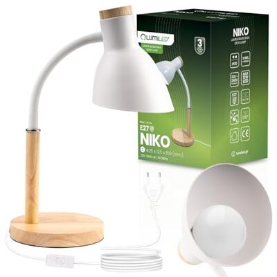 Lumiled LED Schreibtischlampe E27 Fassung 13W Weiß Holzdetails Verstellbarer Flexarm Kabelschalter Tischlampe Leseleuchte Arbeitslampe Skandinavisch für Büro Home Office Schlafzimmer Kinderzimmer Lumiled LED Schreibtischlampe E27 Fassung 13W Weiß Holzdetails Verstellbarer Flexarm Kabelschalter Tischlampe Leseleuchte Arbeitslampe Skandinavisch für Büro Home Office Schlafzimmer Kinderzimmer
