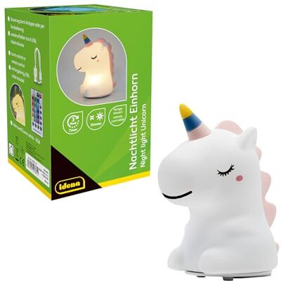Idena 40385 LED Nachtlicht Einhorn, Lampe aus Silikon mit Fernbedienung, Farbwechsel und Dimmer, ca. 14 cm groß, wiederaufladbar, USB Ladekabel inklusive Idena 40385 LED Nachtlicht Einhorn, Lampe aus Silikon mit Fernbedienung, Farbwechsel und Dimmer, ca. 14 cm groß, wiederaufladbar, USB Ladekabel inklusive