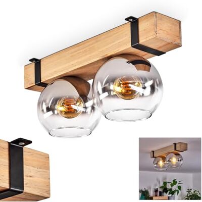 HOFSTEIN Deckenleuchte Montgomery, Deckenlampe aus Holz/Metall/Glas in Natur/Schwarz/Chrom/Rauch/Klar, Leuchte im Retro/Vintage-Design mit Holzbalken, 2xE27, Schlafzimmer, Wohnzimmer, Küche, Esszimmer HOFSTEIN Deckenleuchte Montgomery, Deckenlampe aus Holz/Metall/Glas in Natur/Schwarz/Chrom/Rauch/Klar, Leuchte im Retro/Vintage-Design mit Holzbalken, 2xE27, Schlafzimmer, Wohnzimmer, Küche, Esszimmer