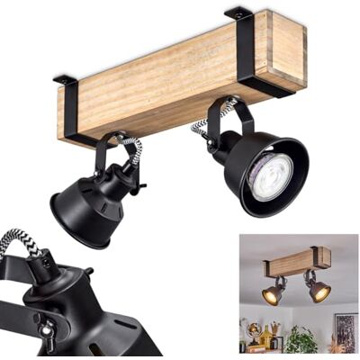HOFSTEIN Deckenleuchte Safari, verstellbare Deckenlampe aus Metall/Holz in Schwarz/Natur, Leuchte im Industrial/Retro/Vintage-Design, Holzbalken, 2 x GU10, Wohnzimmer, Esszimmer, Schlafzimmer, Küche HOFSTEIN Deckenleuchte Safari, verstellbare Deckenlampe aus Metall/Holz in Schwarz/Natur, Leuchte im Industrial/Retro/Vintage-Design, Holzbalken, 2 x GU10, Wohnzimmer, Esszimmer, Schlafzimmer, Küche