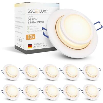 SSC-LUXon LAGO Einbaustrahler 10er Set weiß rund schwenkbar für LED-Modul Zehn schwenkbare Einbauspots weiß mit indirektem Licht für Akzente in Wohn- & Schlafzimmer, für LED-Modul, ohne Lampe SSC-LUXon LAGO Einbaustrahler 10er Set weiß rund schwenkbar für LED-Modul Zehn schwenkbare Einbauspots weiß mit indirektem Licht für Akzente in Wohn- & Schlafzimmer, für LED-Modul, ohne Lampe