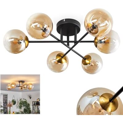 HOFSTEIN Deckenleuchte Chehalis, 6-flammige Deckenlampe aus Metall/Glas in Schwarz/Gold/Bernstein/Klar, Leuchte im Retro/Vintage-Design, Ø Schirme 12 cm, G9, Esszimmer, Schlafzimmer, Wohnzimmer, Küche HOFSTEIN Deckenleuchte Chehalis, 6-flammige Deckenlampe aus Metall/Glas in Schwarz/Gold/Bernstein/Klar, Leuchte im Retro/Vintage-Design, Ø Schirme 12 cm, G9, Esszimmer, Schlafzimmer, Wohnzimmer, Küche