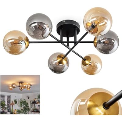 HOFSTEIN Deckenleuchte Chehalis, 6-flammige Deckenlampe aus Metall/Glas in Schwarz/Gold/Bernstein/Rauch, Leuchte im Vintage-Design, Ø Schirme 12 cm, G9, Esszimmer, Schlafzimmer, Wohnzimmer, Küche HOFSTEIN Deckenleuchte Chehalis, 6-flammige Deckenlampe aus Metall/Glas in Schwarz/Gold/Bernstein/Rauch, Leuchte im Vintage-Design, Ø Schirme 12 cm, G9, Esszimmer, Schlafzimmer, Wohnzimmer, Küche