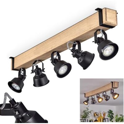 HOFSTEIN Deckenleuchte Safari, verstellbare Deckenlampe aus Metall/Holz in Schwarz/Natur, Leuchte im Industrial/Retro/Vintage-Design, Holzbalken, 5 x GU10, Wohnzimmer, Esszimmer, Schlafzimmer, Küche HOFSTEIN Deckenleuchte Safari, verstellbare Deckenlampe aus Metall/Holz in Schwarz/Natur, Leuchte im Industrial/Retro/Vintage-Design, Holzbalken, 5 x GU10, Wohnzimmer, Esszimmer, Schlafzimmer, Küche