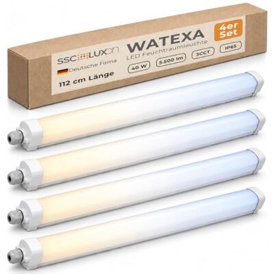 SSC-LUXon 4x WATEXA Feuchtraum LED Deckenleuchte 1,1 Meter 40W 5500lm IP65 Helle Feuchtraum Kellerlampe für Garage, Carport & Lager drei einstellbare Lichtfarben erweiterbar bis zu 6 Leuchten SSC-LUXon 4x WATEXA Feuchtraum LED Deckenleuchte 1,1 Meter 40W 5500lm IP65 Helle Feuchtraum Kellerlampe für Garage, Carport & Lager drei einstellbare Lichtfarben erweiterbar bis zu 6 Leuchten