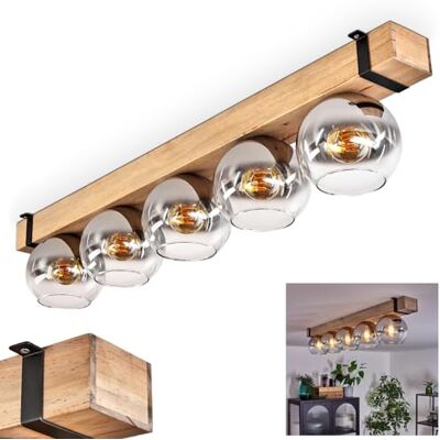 HOFSTEIN Deckenleuchte Montgomery, Deckenlampe aus Holz/Metall/Glas in Natur/Schwarz/Chrom/Rauch/Klar, Leuchte im Retro/Vintage-Design mit Holzbalken, 5xE27, Schlafzimmer, Wohnzimmer, Küche, Esszimmer HOFSTEIN Deckenleuchte Montgomery, Deckenlampe aus Holz/Metall/Glas in Natur/Schwarz/Chrom/Rauch/Klar, Leuchte im Retro/Vintage-Design mit Holzbalken, 5xE27, Schlafzimmer, Wohnzimmer, Küche, Esszimmer