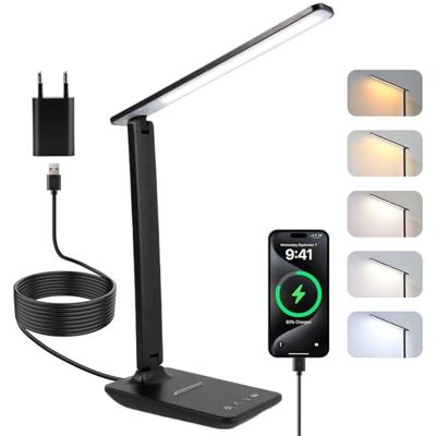 Carehabi Schreibtischlampe LED, Dimmbare Tischleuchte, LED Tischlampe mit 5 Farben und 5 Helligkeitsstufen, Leselampemit USB Ladeanschluss Touch Steuerung für Kinder, Lektüre, Büros (schwarz-AC) Carehabi Schreibtischlampe LED, Dimmbare Tischleuchte, LED Tischlampe mit 5 Farben und 5 Helligkeitsstufen, Leselampemit USB Ladeanschluss Touch Steuerung für Kinder, Lektüre, Büros (schwarz-AC)