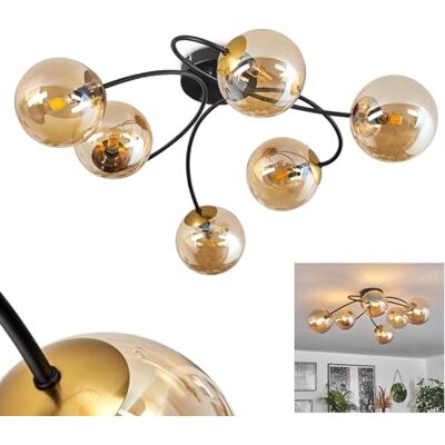 HOFSTEIN Deckenleuchte Chehalis, 6-flammige Deckenlampe aus Metall/Glas in Schwarz/Gold/Bernstein, Leuchte im Retro/Vintage-Design, Ø Schirme 12 cm, G9, Esszimmer, Schlafzimmer, Wohnzimmer, Küche HOFSTEIN Deckenleuchte Chehalis, 6-flammige Deckenlampe aus Metall/Glas in Schwarz/Gold/Bernstein, Leuchte im Retro/Vintage-Design, Ø Schirme 12 cm, G9, Esszimmer, Schlafzimmer, Wohnzimmer, Küche