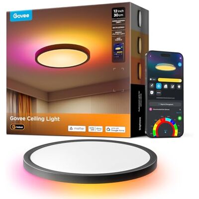 Govee Deckenlampe RGBIC 24W, 2400lm Smart LED Deckenleuchte Dimmbar, Ø30cm 2700K–6500K, 16 Mio. DIY-Farben, 71+ Szenen, Matter/Alexa/Google, Einfache Installation, Wohnzimmer Schlafzimmer, Schwarz Govee Deckenlampe RGBIC 24W, 2400lm Smart LED Deckenleuchte Dimmbar, Ø30cm 2700K–6500K, 16 Mio. DIY-Farben, 71+ Szenen, Matter/Alexa/Google, Einfache Installation, Wohnzimmer Schlafzimmer, Schwarz