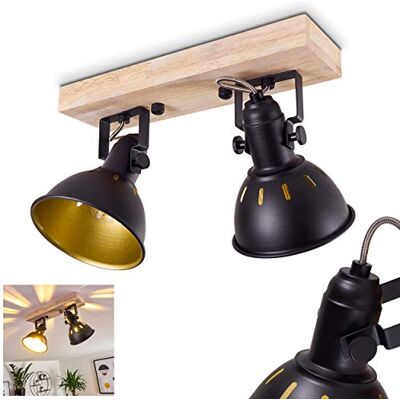 HOFSTEIN Deckenleuchte Tina, verstellbare Deckenlampe aus Metall/Holz in Schwarz/Gold/Natur, Leuchte im Industrial/Retro/Vintage-Design mit Lichteffekt, 2 x E14, Wohnzimmer, Esszimmer, Schlafzimmer HOFSTEIN Deckenleuchte Tina, verstellbare Deckenlampe aus Metall/Holz in Schwarz/Gold/Natur, Leuchte im Industrial/Retro/Vintage-Design mit Lichteffekt, 2 x E14, Wohnzimmer, Esszimmer, Schlafzimmer