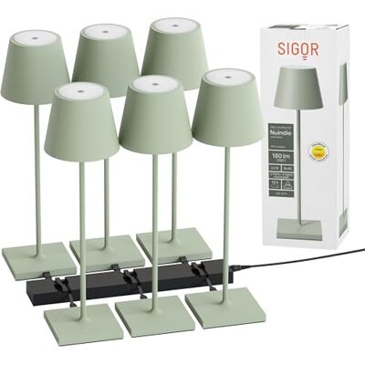 SIGOR Nuindie 2.0 Akku-Tischlampe, 6er-Set mit Ladestation, salbeigrün Dimmbar • Indoor & Outdoor • IP54 • 38 cm • USB-C • 12 h Leuchtdauer • inkl. 6-fach Ladestation SIGOR Nuindie 2.0 Akku-Tischlampe, 6er-Set mit Ladestation, salbeigrün Dimmbar • Indoor & Outdoor • IP54 • 38 cm • USB-C • 12 h Leuchtdauer • inkl. 6-fach Ladestation